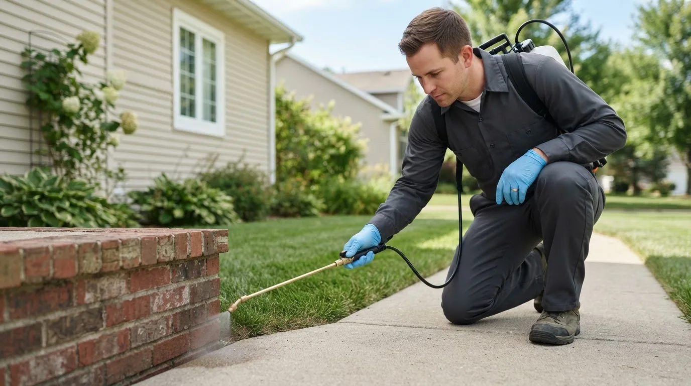 Pest control technician treating a home near Headrick, OK